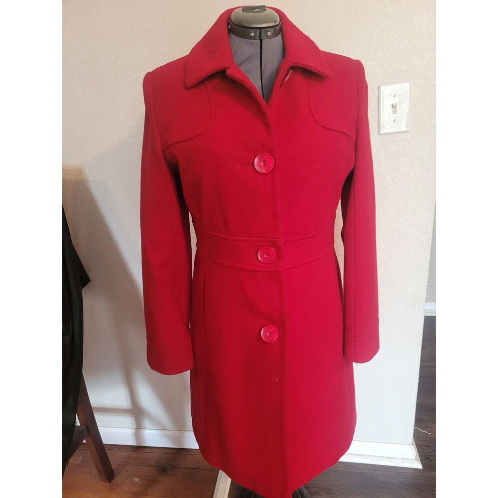Levine Classics Red Wool Coat Mid-Length Trench Style Mod Pea Coat Size 10